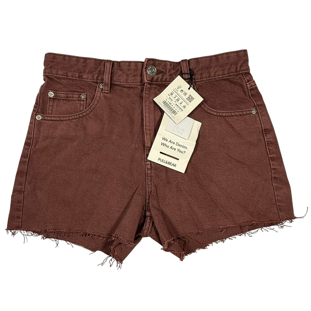 Pull & Bear Retro‎ Denim Short in Brown Raw Hem Size 4